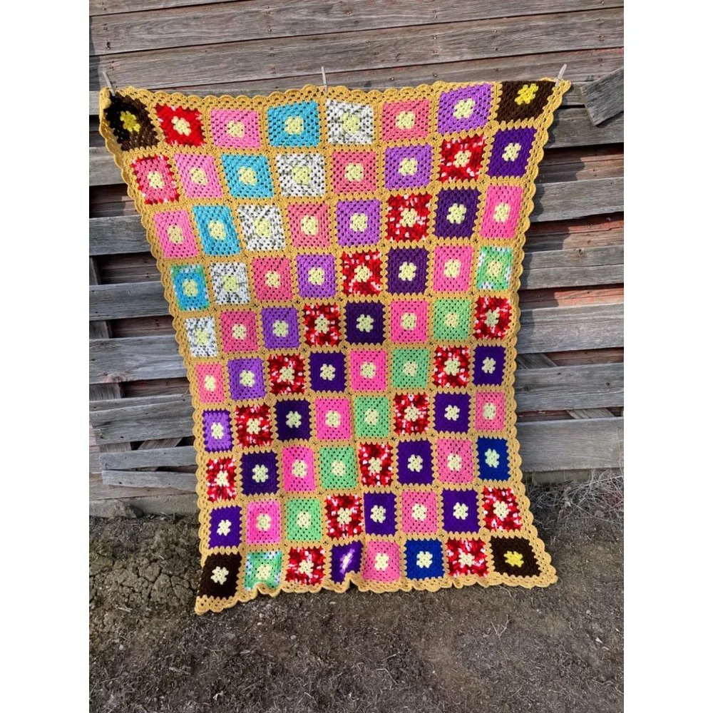 Vintage Colorful Granny Square Crochet Afghan 75x56" - Picture 5 of 16